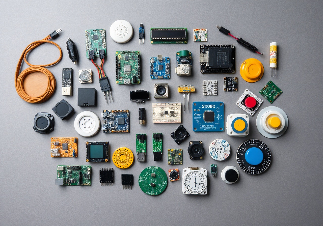 Набор IoT-датчиков и микроконтроллеров на столе инженера